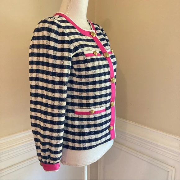 JCREW Navy Blue White Pink Gingham Check Plaid Ribbon Trim Lady Jacket Blazer - Picture 9 of 11